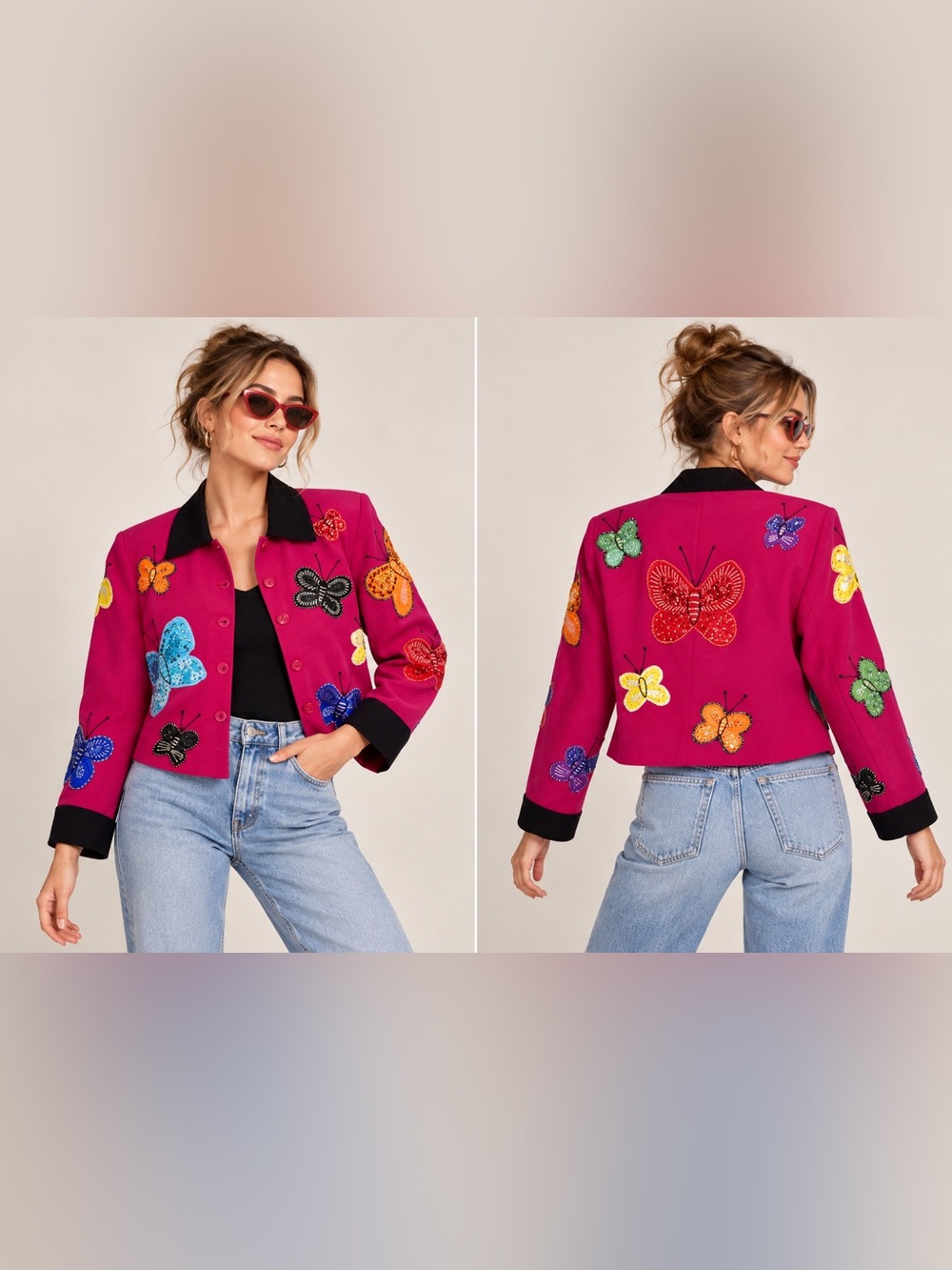 Talk of the Walk Sequin Embroidered Butterfly Jacket Blazer Women’s M 90s Y2K